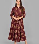 Aurish Printed Rayon Wine Flared Long Kurti
