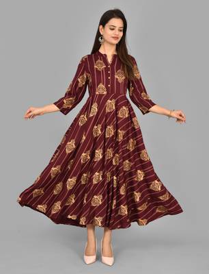 Aurish Printed Rayon Wine Flared Long Kurti 2