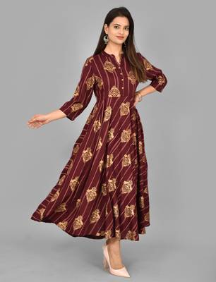 Aurish Printed Rayon Wine Flared Long Kurti 3