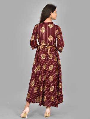 Aurish Printed Rayon Wine Flared Long Kurti 4