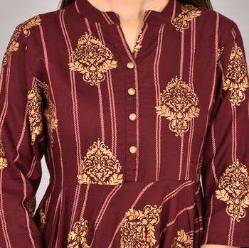 Aurish Printed Rayon Wine Flared Long Kurti 5