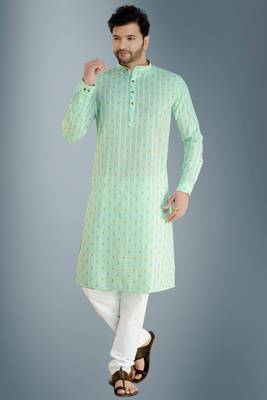 Green printed cotton kurta-pajama 1