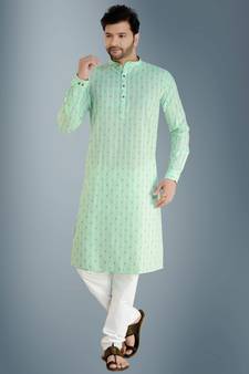 Green printed cotton kurta-pajama