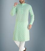 Green printed cotton kurta-pajama