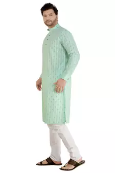 Green printed cotton kurta-pajama