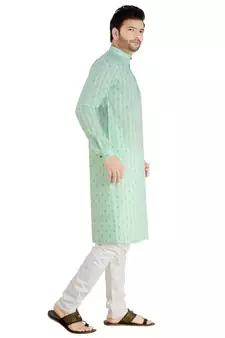 Green printed cotton kurta-pajama