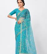 Aqua blue woven net saree with blouse