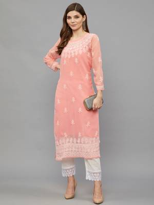 ETHNAVA WOMEN'S CHIKANKARI HAND EMBROIDERED GEORGETTE STRAIGHT KURTA WITH SLIP 3
