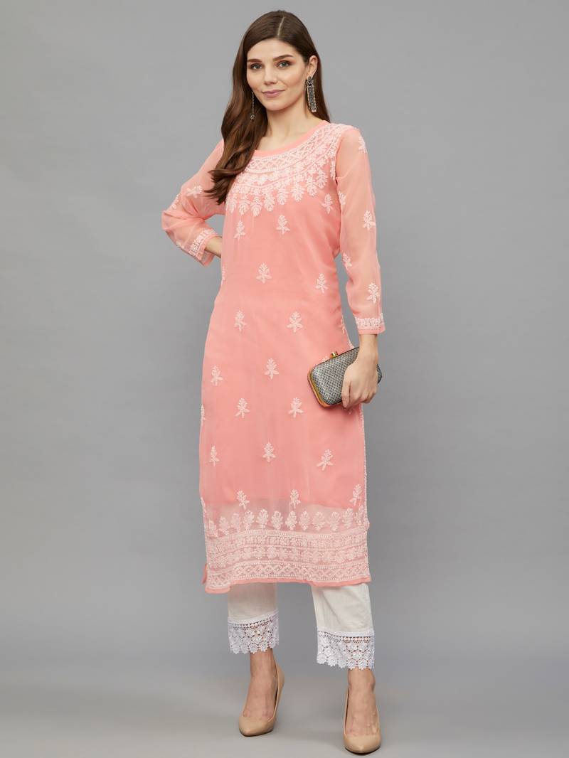 ETHNAVA WOMEN'S CHIKANKARI HAND EMBROIDERED GEORGETTE STRAIGHT KURTA WITH SLIP