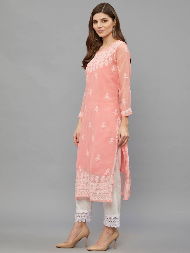 ETHNAVA WOMEN'S CHIKANKARI HAND EMBROIDERED GEORGETTE STRAIGHT KURTA WITH SLIP