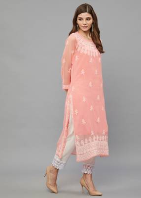 ETHNAVA WOMEN'S CHIKANKARI HAND EMBROIDERED GEORGETTE STRAIGHT KURTA WITH SLIP 5