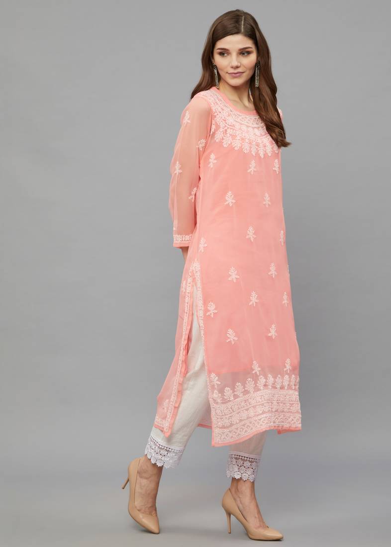 ETHNAVA WOMEN'S CHIKANKARI HAND EMBROIDERED GEORGETTE STRAIGHT KURTA WITH SLIP