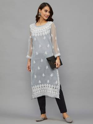 ETHNAVA WOMEN'S CHIKANKARI HAND EMBROIDERED GEORGETTE STRAIGHT KURTA WITH SLIP 3