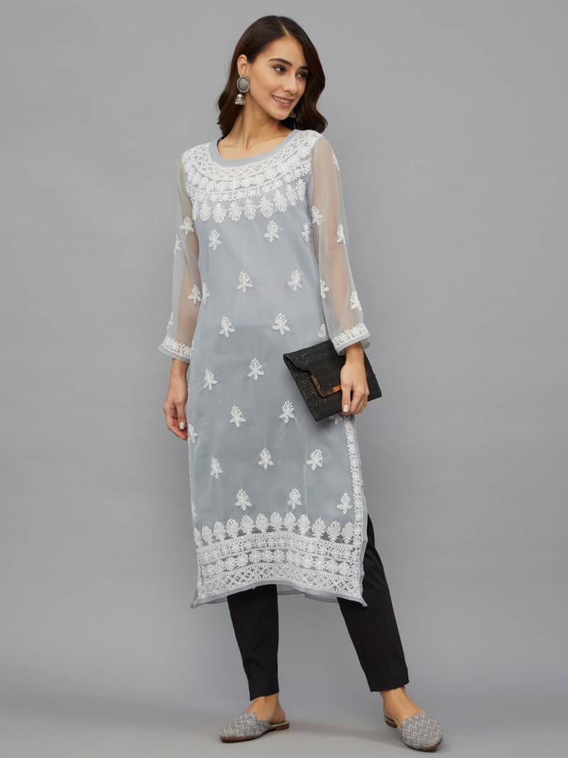 ETHNAVA WOMEN'S CHIKANKARI HAND EMBROIDERED GEORGETTE STRAIGHT KURTA WITH SLIP