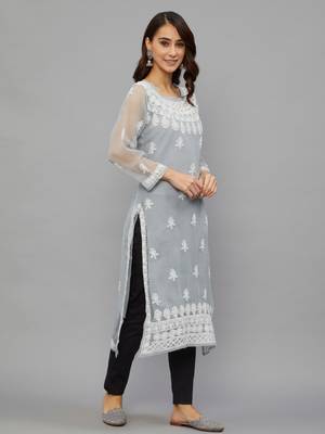 ETHNAVA WOMEN'S CHIKANKARI HAND EMBROIDERED GEORGETTE STRAIGHT KURTA WITH SLIP 4