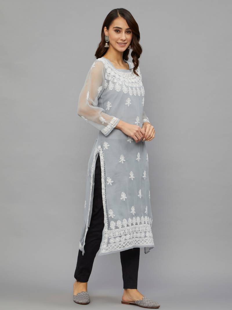 ETHNAVA WOMEN'S CHIKANKARI HAND EMBROIDERED GEORGETTE STRAIGHT KURTA WITH SLIP