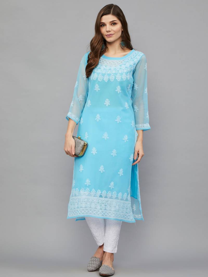 ETHNAVA WOMEN'S CHIKANKARI HAND EMBROIDERED GEORGETTE STRAIGHT KURTA WITH SLIP