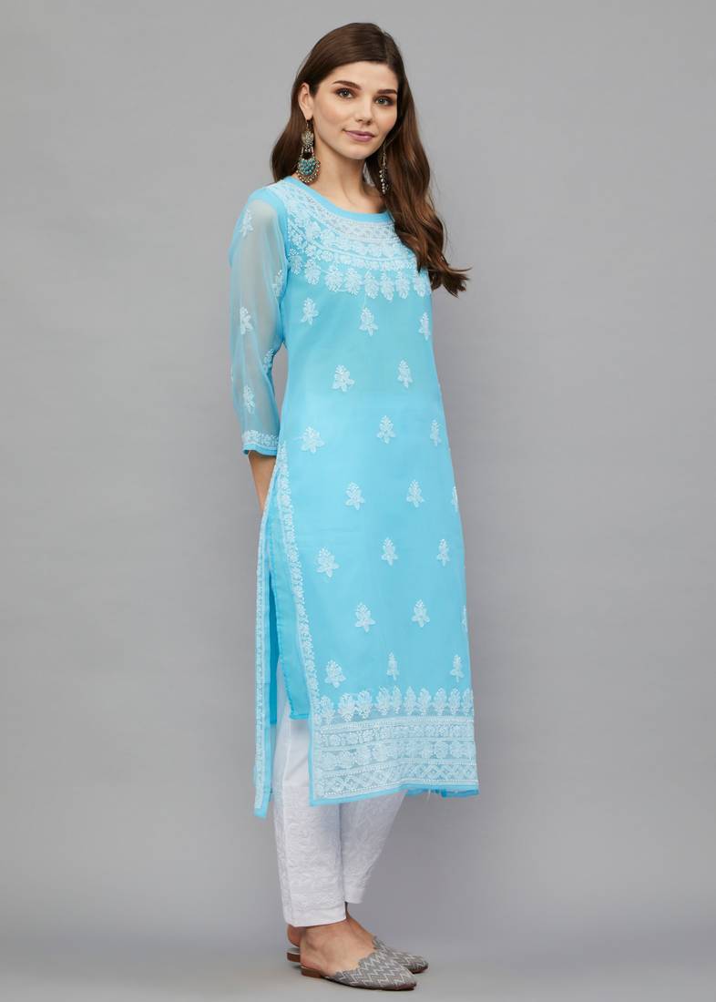ETHNAVA WOMEN'S CHIKANKARI HAND EMBROIDERED GEORGETTE STRAIGHT KURTA WITH SLIP