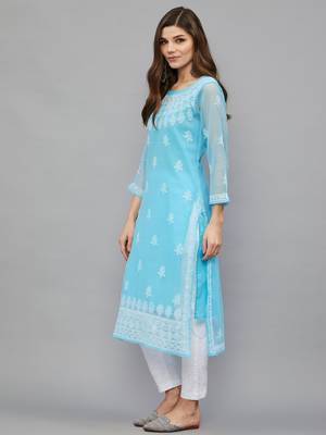 ETHNAVA WOMEN'S CHIKANKARI HAND EMBROIDERED GEORGETTE STRAIGHT KURTA WITH SLIP 5