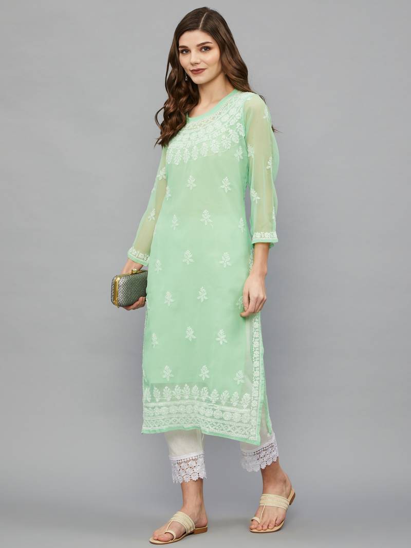 ETHNAVA WOMEN'S CHIKANKARI HAND EMBROIDERED GEORGETTE STRAIGHT KURTA WITH SLIP