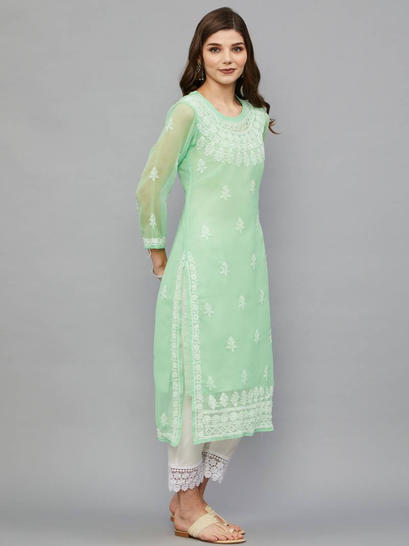 ETHNAVA WOMEN'S CHIKANKARI HAND EMBROIDERED GEORGETTE STRAIGHT KURTA WITH SLIP