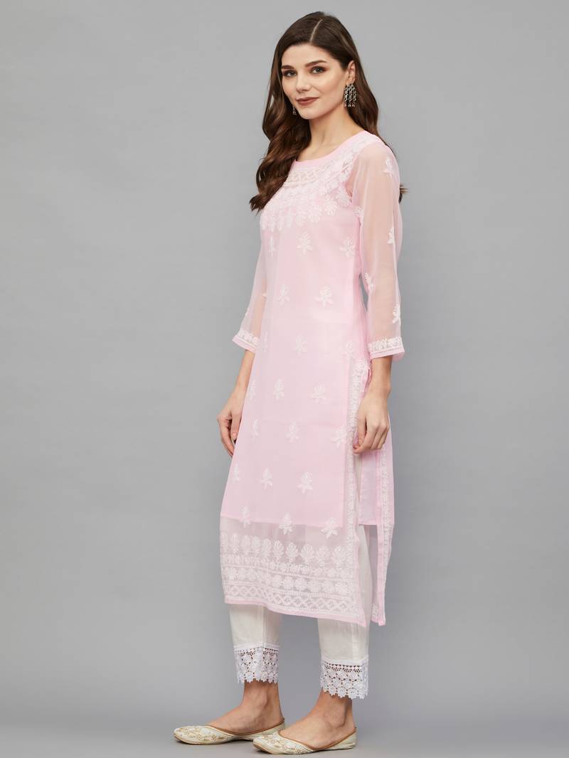 ETHNAVA WOMEN'S CHIKANKARI HAND EMBROIDERED GEORGETTE STRAIGHT KURTA WITH SLIP