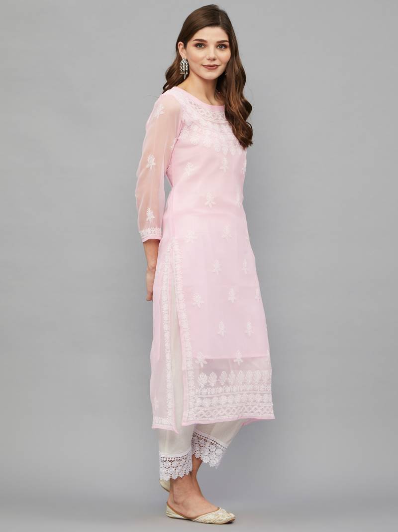 ETHNAVA WOMEN'S CHIKANKARI HAND EMBROIDERED GEORGETTE STRAIGHT KURTA WITH SLIP