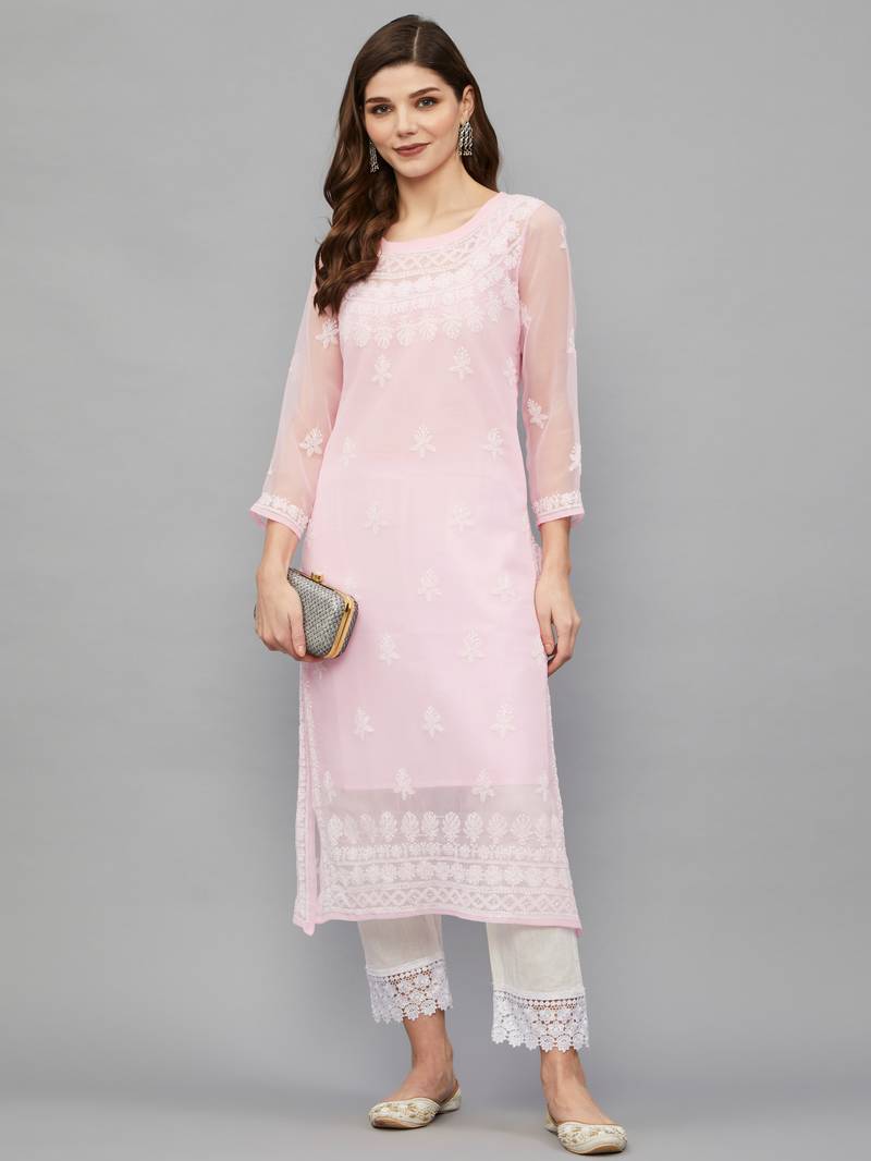 ETHNAVA WOMEN'S CHIKANKARI HAND EMBROIDERED GEORGETTE STRAIGHT KURTA WITH SLIP