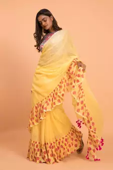 Suta Women Yellow Pure Cotton Saree With Polka Printed Ruffle Border