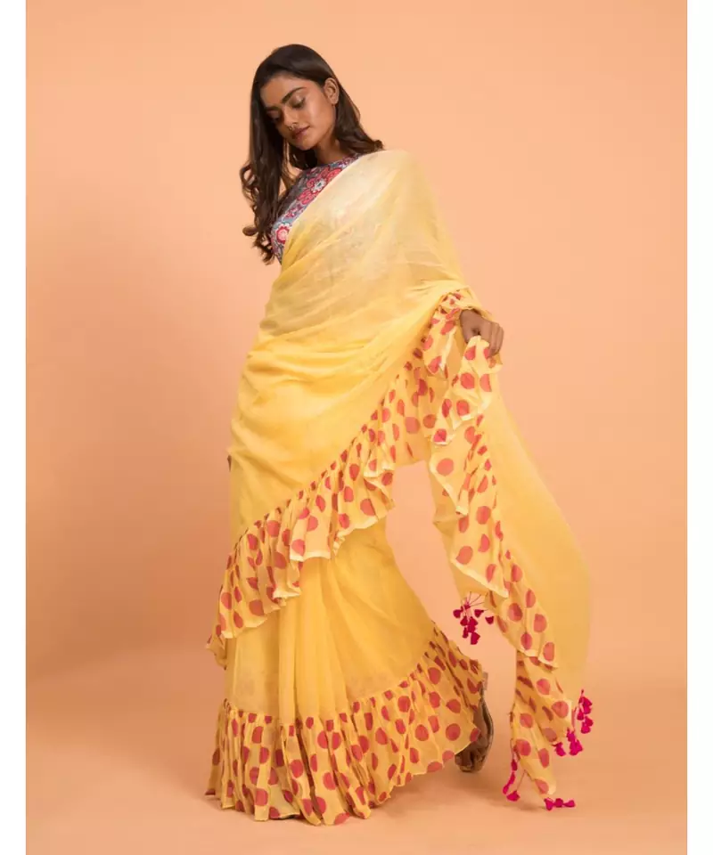 Suta Women Yellow Pure Cotton Saree With Polka Printed Ruffle Border