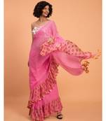 Suta Women Pink Pure Cotton Saree With Polka Printed Ruffle Border