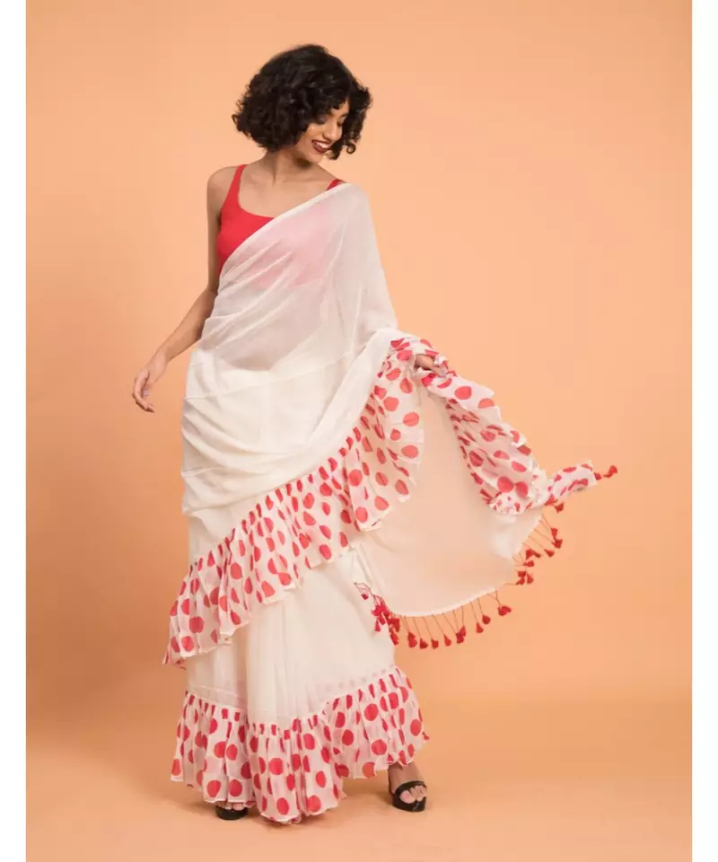 Suta Women White Pure Cotton Saree With Polka Printed Ruffle Border