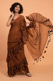 Suta Brown Pure Cotton With Black Polka Printed Ruffle Border Saree
