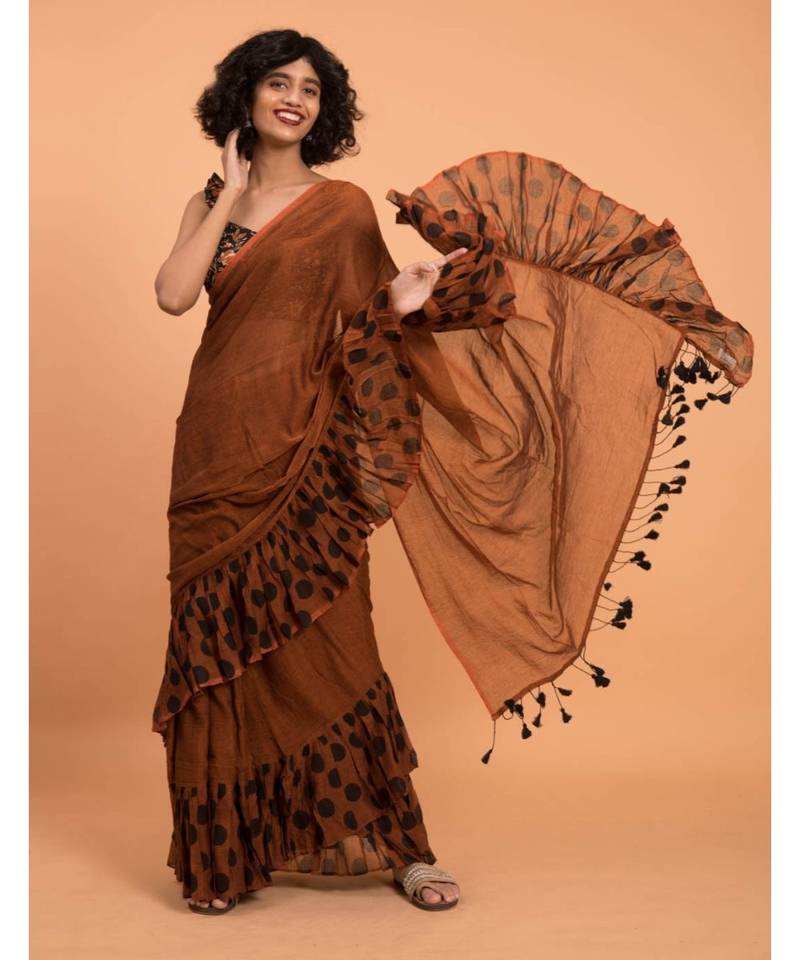 Suta Brown Pure Cotton With Black Polka Printed Ruffle Border Saree