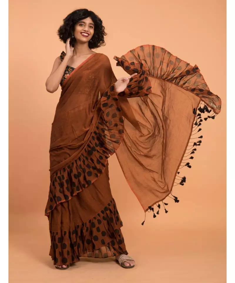 Suta Brown Pure Cotton With Black Polka Printed Ruffle Border Saree