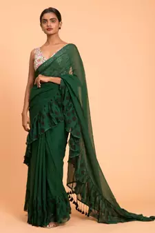 Suta Green Pure Cotton With Black Polka Printed Ruffle Border Saree