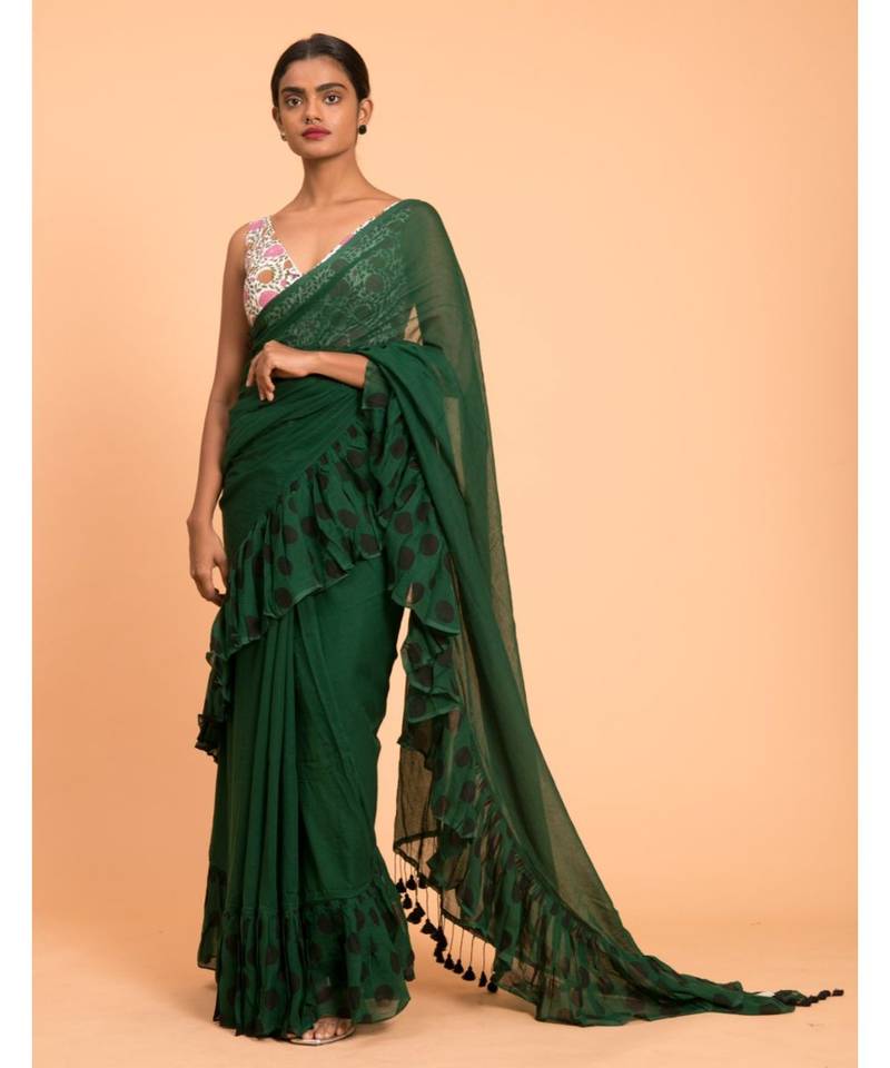 Suta Green Pure Cotton With Black Polka Printed Ruffle Border Saree