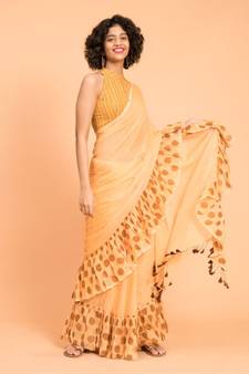 Suta Women Orange Polka Printed Ruffle Border Pure Cotton Saree