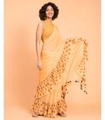 Suta Women Orange Polka Printed Ruffle Border Pure Cotton Saree