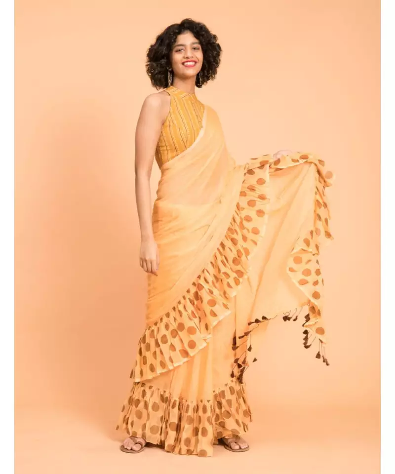 Suta Women Orange Polka Printed Ruffle Border Pure Cotton Saree