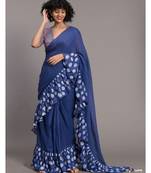 Suta Blue Pure Cotton With White Polka Printed Ruffle Border Saree