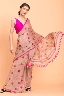 Suta Women Beige Polka Printed Pure Cotton Saree