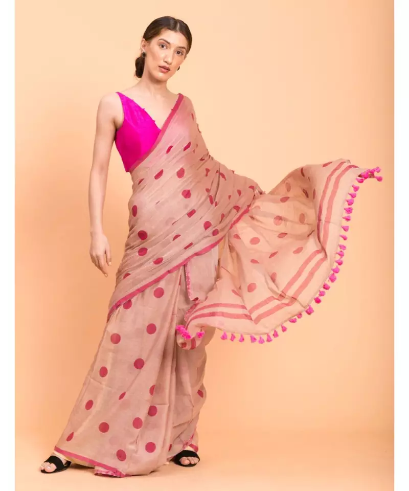 Suta Women Beige Polka Printed Pure Cotton Saree