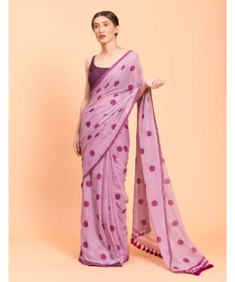Suta Women Lavender & Purple Polka Dots Printed Pure Cotton Saree