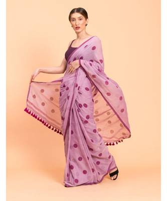 Suta Women Lavender & Purple Polka Dots Printed Pure Cotton Saree 2