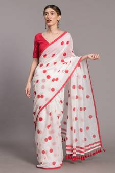 Suta Women White & Red Polka Dots Printed Pure Cotton Saree