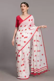 Suta Women White & Red Polka Dots Printed Pure Cotton Saree
