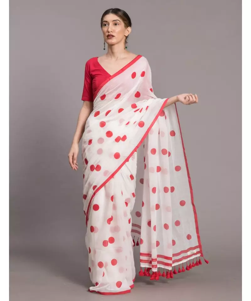 Suta Women White & Red Polka Dots Printed Pure Cotton Saree