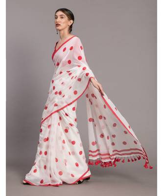 Suta Women White & Red Polka Dots Printed Pure Cotton Saree 2