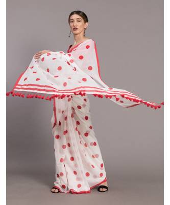 Suta Women White & Red Polka Dots Printed Pure Cotton Saree 3